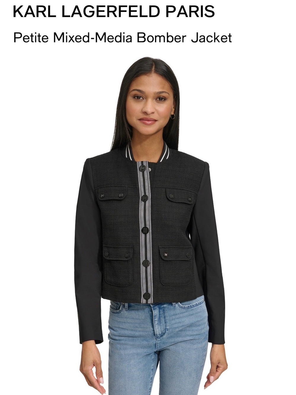 Karl Lagerfeld Black Tweed-Front Bomber with Striped Placket